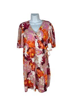 Destination Maternity Floral Wrap Dress S Flutter Sleeve Orange Pink V-Neck